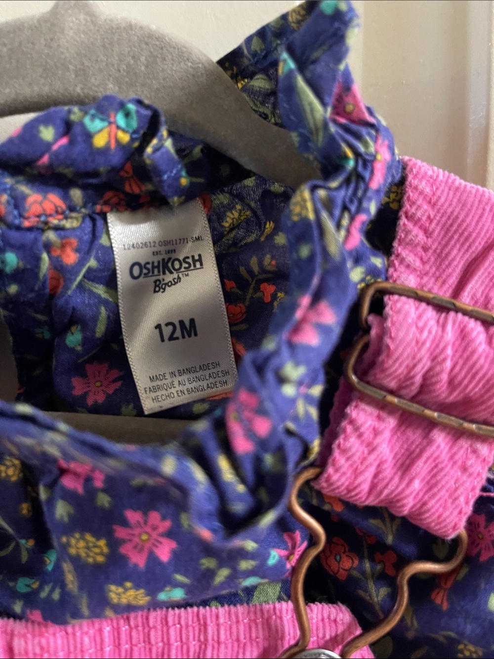 OshKosh B'gosh Hot Pink Corduroy Overalls, and matching Floral Shirt - Picture 2 of 12